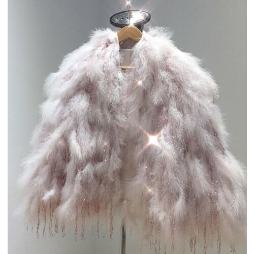 New Design Luxury Women Girl Sequins Real Feather Fur Winter Short Jacket Glitter Bling Bling Fur Coat Outwear Party Princess