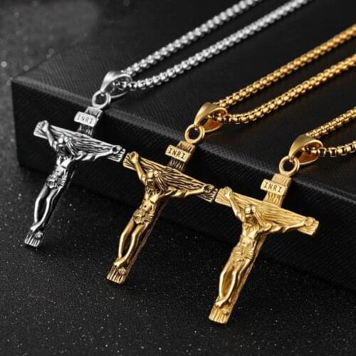 Hip-hop Biker Gift Stainless Steel Silver Color/Gold Color Jesus Cross Crucifix Pendant Necklace Free Box Chain 24" Mens Jewelry