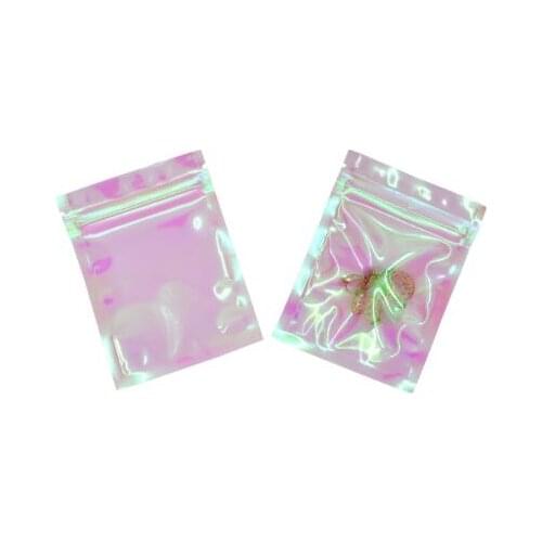 100pcs Thick Reclosable Holographic Pink Zipper Packaging Bag Cosmetic Jewelry Flat Pouches Laser Small Plastic Zip Lock Bags