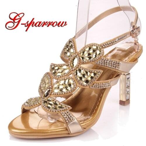 Sandalias de verano Rhinestone Peep Toe Genuine Leather Summer Sandals Gold Blue Rhinestone Large Size Sandal with Back Straps