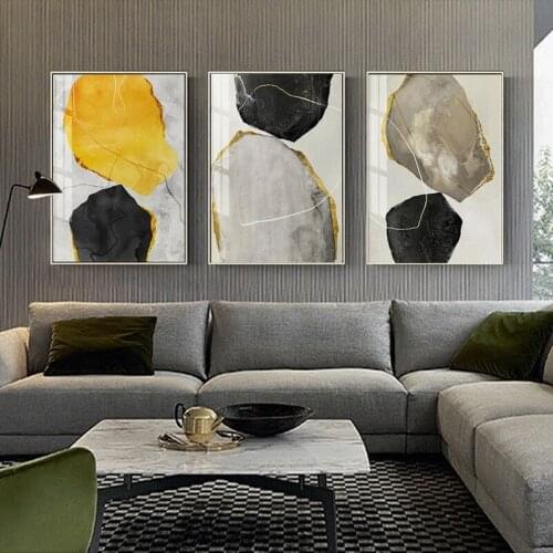 Modern Abstract Yellow and Black Stone Poster Home Decoration Bedroom Living Room Frameless Printing Canvas Hanging Painting