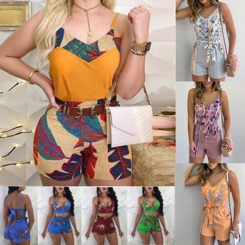 Sexy Ladies Spaghetti Strap Print Tops & Shorts Sets Summer Sleeveless 2 Piece Sets Women Outfits