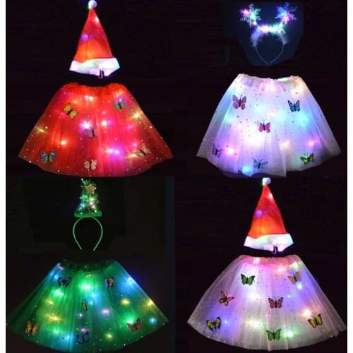 LED Shiny Masquerade Role Play Fancy Dress for Girl Princess Skirt Cosplay Party Christmas Lights Tree Headband Santa Clause Hat