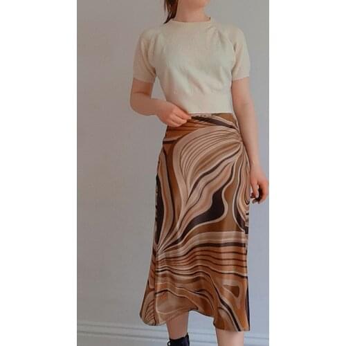 Summer Women Vintage A-line Long Skirt Brown Irregular Water Ripples Printed Pattern High Waist Fishtail Skirt