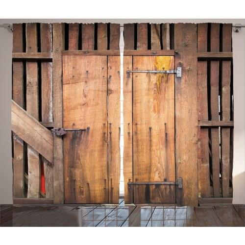 Rustic Curtains Grunge Countryside Wooden Barn Door Satin Fabric Drapes for Living Room Bedroom 2 Panel Window Set