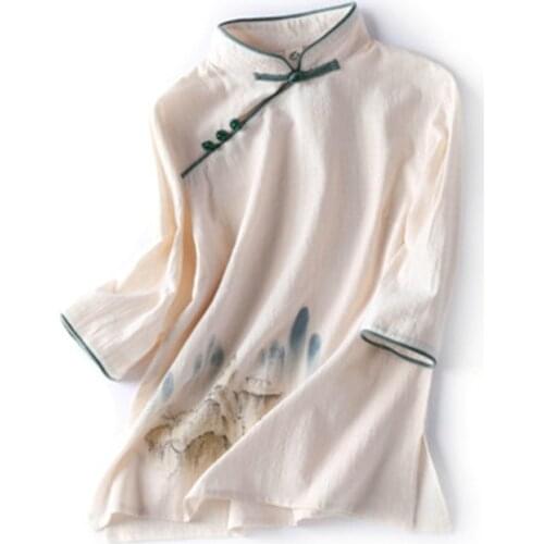 New Arrival Literary Women Chinese Style Original Hand-painted Shirt Simple Elegant Long Sleeve Loose Female Blouse Retro Tops