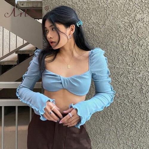 ArtSu 2021 Autumn Women New Long Sleeve Backless Tee Shirt Ruffles V-Neck Knitted Crop Top Female Sexy Streetwear T-Shirts