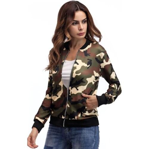 Women Casual Camouflage Print Long Sleeve Regular Zip Baseball Uniform Jackets Autumn/Spring Coat