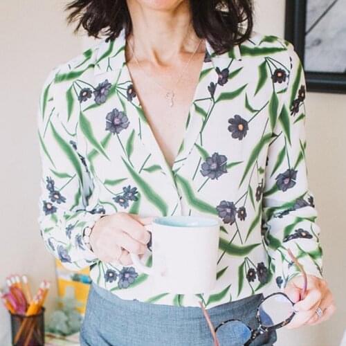 Silk 100% Women/Ladies Green Leaves & Flower Print Blouse Shirt - 2019 New Female Long Sleeve Notched Shirt Top