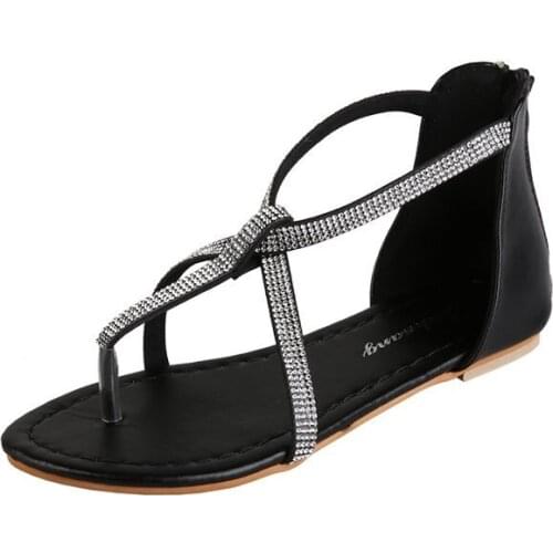 Large Size 43 Womens Sandals New Design 2021 Casual Ladies Flat Shoes Rhinestones Bling Summer Crystal Pu Leather Sandalias