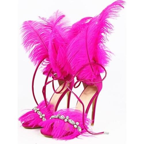 OLOMLB Womens Peep Toe Feather Fur Stilettos High Heel Crystal Rhinestones Straps Pumps Sandals Shoes Plus Size 4Colors New 2021