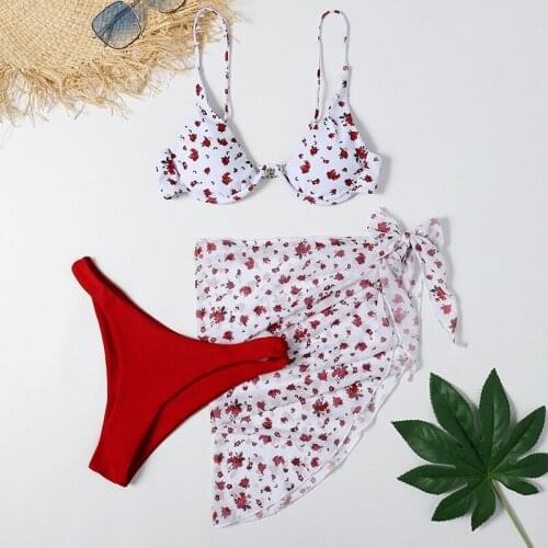 Women Sexy Three Piece Bikini Set With Cover Up Skirt Print Push Up Biquini Brazilian Summer Bathing Suit Thong Bikini Swimwear