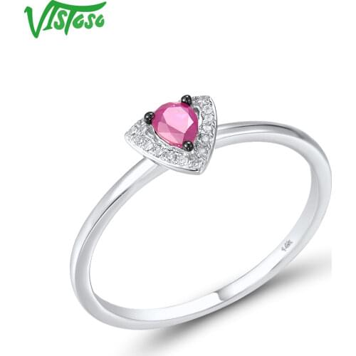 VISTOSO Genuine 14K 585 White Gold Rings For Women Sparkling Ruby Diamond Tiangle Rings Chic Simple Style Trendy Fine Jewelry