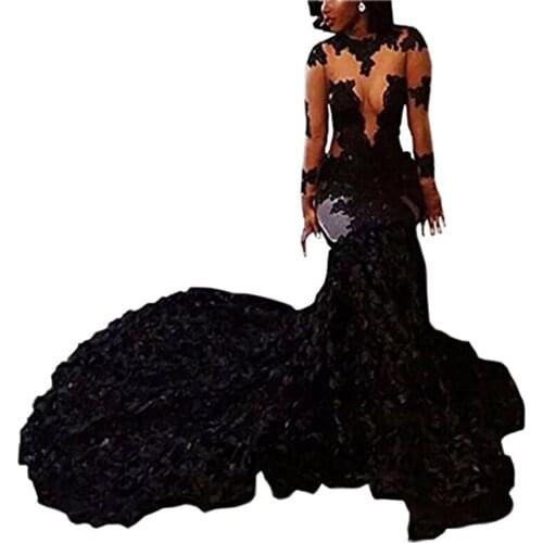 Womens Mermaid Scoop Neck Lace Prom Dress 2020 New Long Sleeves Sheer Evening Gowns with Rose Train