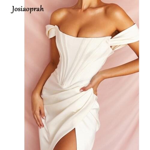 Josiaoprah Satin Ruched Party Night Club Dress Bodycon Women Sleeveless Vintage Dresses White Backless Off Shoulder Short Dress