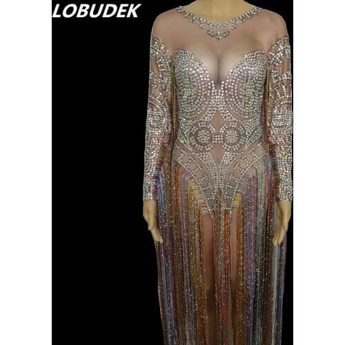 Sparkly Rhinestones Colorful Tassels Jumpsuit Fringes Sleeveless Crystal Rompers Nightclub Bar Female Singer Dancer Show Costume