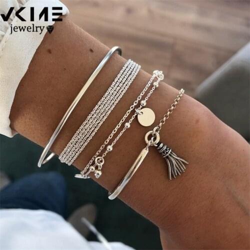 VKME boho Women bracelet Multi-layer Bracelets set disc tassel Round bead Pendant Geometric Lobster-claw-clasps Adjustable size