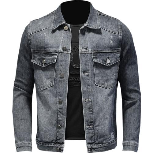 Retro Men Denim Jacket Blue Black Cotton Lapel Long Sleeve Single-Breasted Slim Male Brand Clothes Motorcycle Cowboy Jeans Coat
