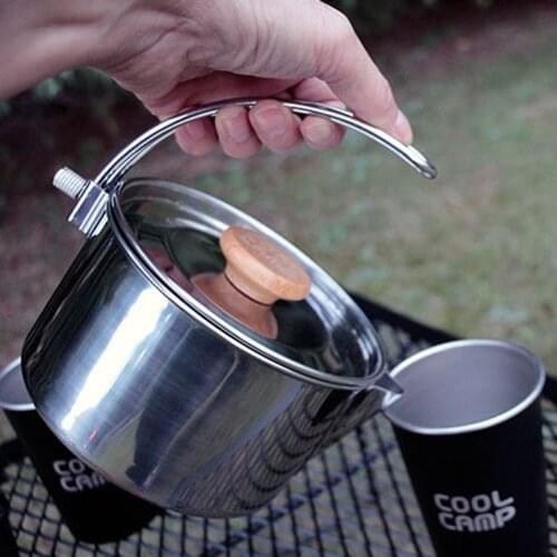 1.1L Outdoor Camping Pot Stainless Steel Tea Coffee Cooking Pot Kettle with Foldable Handle for Hiking Picnic Camping Equipment