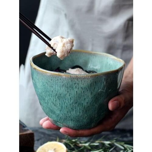 Ceramic Tableware Malachite Green Fruit Salad Bowl Irregular Soup Noodle Bowl Instant Noodle Bowl