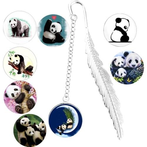 Metal Bookmark Cute Panda Link Pendant - Bamboo Moon - Black White Drawing Design For Reading Book Mark Page Divider Index