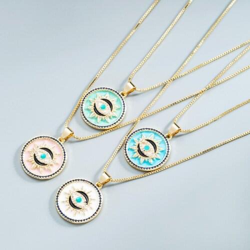 Fashion Copper-plated Gold-plated Inlaid Zircon Color Oil Dripping Magic Eye Pendant Necklace for Women Round Coin Retro Pendant