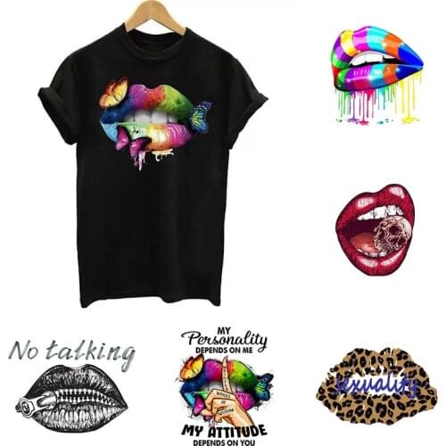 Lips Patches Iron On Transfer Patches Leopard Letter Color Print Thermo Sticker On Clothes DIY Women T-Shirt Bags Sex Lips Decor