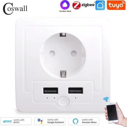 Coswall Zigbee 3.0 Tuya Wall EU Socket 2 USB Charging Port Independent Control Timer Switch Programmable With Alexa Google Home
