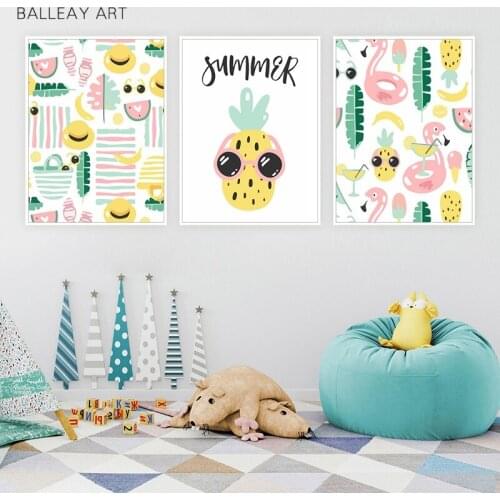 Pineapple Wall Art Canvas Posters Prints Nordic Summer Quote Paintings Color Kawaii Cartoon Wall Picture for Living Room Bedroom
