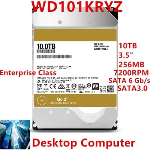 New HDD For WD Brand Gold 10TB 3.5" SATA 6 Gb/s 256MB 7200RPM For Internal HDD For Enterprise Class HDD For WD101KRYZ