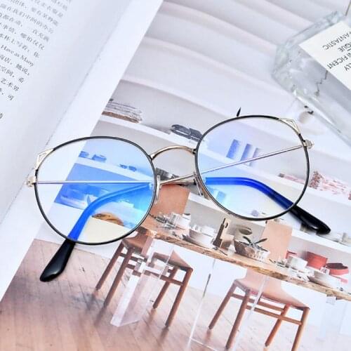2020 New Fashion Womens Glasses Korean Cat Ear Retro Round Face Frame Sunglass Blue Film Flat Lens Eyewear
