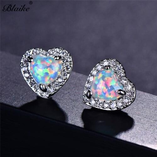 Blaike Simple White Gold Filled Stud Earrings For Women White Fire Opal Earring Lover Cute Heart Wedding Jewelry Birthday Gift