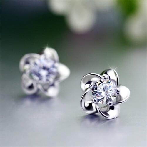 Silver Color Zircon Enamel Flower Stud Earrings For Women Wedding Jewelry Elegant Earrings Bijoux A224