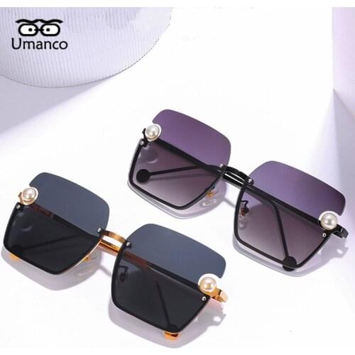 Umanco 2021 Oversized Steampunk Sunglasses for Men Women Square Half-Rimless Pearl Rock Roll Eyeglasses Metal Frame AC Lens Gift