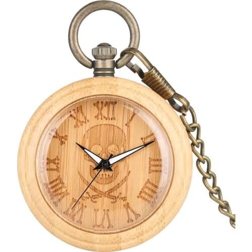 Punk Pirate Skull Bamboo Wood Quartz Pocket Watch Roman Numerals Display Pocket Pendant Watch Retro Bronze Chain Gift Men Women