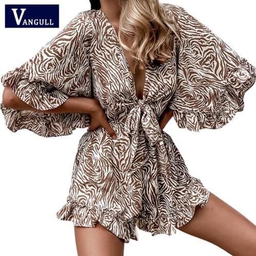 Vangull Casual Striped Print Playsuit Women V Neck Bow Short Jumpsuits Ruffles Playsuit Loose Plus Size Female Beach Rompers