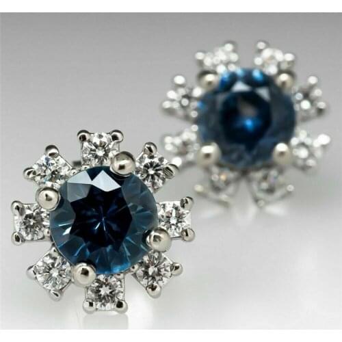 Huitan Vintage Blue Flower Stud Earrings Women Brilliant Cubic Zirconia for Retro Party Fancy Birthday Gift High Quality Jewelry