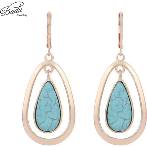 Badu Vintage Hoop Earring Water Drop Blue Stone Pendant Golden Hoop Earrings for Women Fashion Jewelry Wholesale