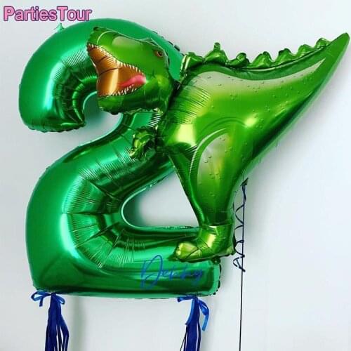 2pcs 32inch Green Number Dinosaur Foil Balloons Jungle Animal Baby Shower Boys Birthday Party Decors Jurassic Dragon Balloons