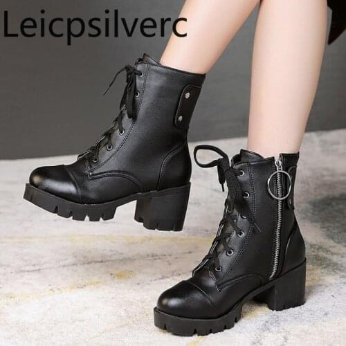 Womens Boots Autumn And Winter The New Round head zipper Lace-up Thick heel mid heel Short tube Womens shoes plus size 34-46