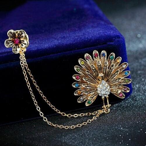 Women Brooches Colorful Rhinestone Long Double Chain Tassel Lapel Pin Vintage Peacock Feather Plum Flower Brooch Jewelry Gift