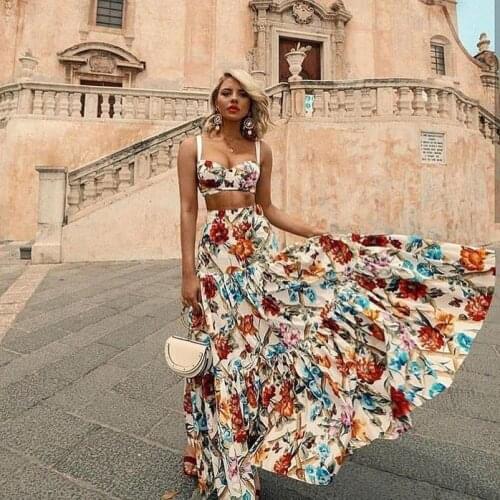 Boho printed crop top+high waist long skirts chiffon beach sets festival women 2 piece summer sets matching sets beach outfit