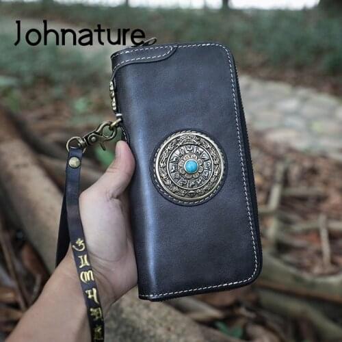 Johnature National Style 2020 New Genuie Leather Women Wallet Vintage Large Clutch Wallet Ladies Clutch Bags Mens Long Wallets