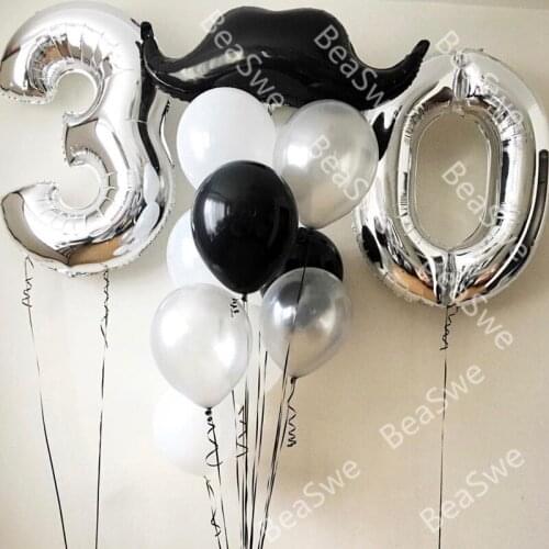 13pcs/lot Large Size 32 inch sliver Number Foil mustache Balloon Birthday 30 Year party Decoration Anniversary Party Helium