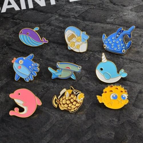 2018 Cartoon enamel brooch cute marine life shark whale dolphin Fish Seahorse Pins Lapel pins Shirt Badge Fashion Gift for Kids