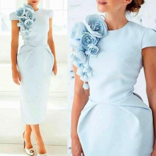 2020 Sheath Mother of the Birde Dresses O Neck Capped Sleeve Hand Made Flower Tea Length Custom Made Mothers Dress
