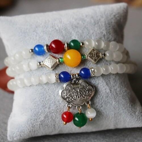 6mm Tibetan Silver Opal Bracelet Riches Honour Longevity Lock Pendant Jewelry Bracelet Multilayer Chain Necklace Natural Stone