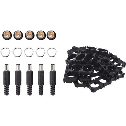 20x 18650 Lithium Battery Double Holder Bracket & 5.5X2.1mm 5Pcs DC Female Jack + 5Pcs Socket Connector Black