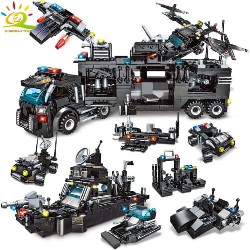 HUIQIBAO SWAT Police Command Truck Aircraft Building Blocks Set City Boat Bricks with Policeman Construction Toys for Children