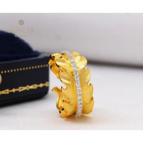 18K Gold Tone 925 Silver Leaf Pattern Nature Bridal Ring CZ Row Decoration Open Wedding Band Engagement Floral Fine Jewelry 2021